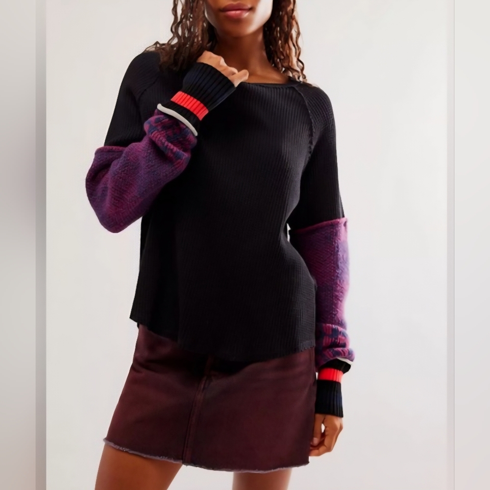 We The Free Mod About You Cuff Raglan Pullover Thermal Top Black sz Small S/M